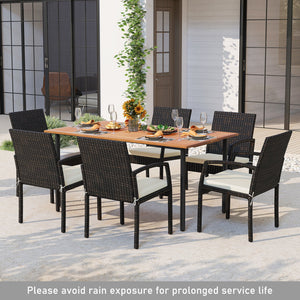 7 Pieces Outdoor Dining Set Acacia Wood Table with Umbrella Hole and Cushions-White view 3