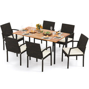7 Pieces Outdoor Dining Set Acacia Wood Table with Umbrella Hole and Cushions-White view 4