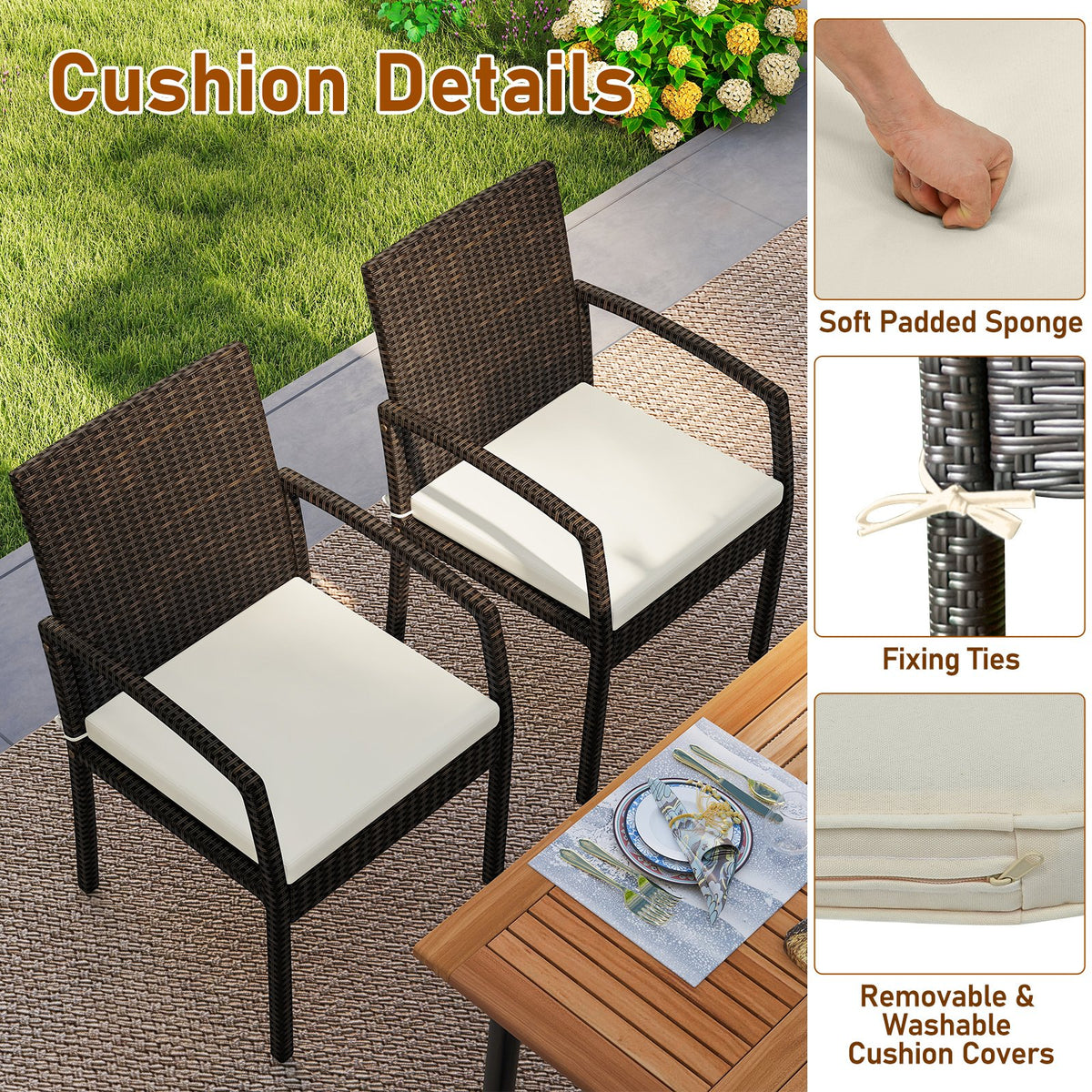 7 Pieces Outdoor Dining Set Acacia Wood Table with Umbrella Hole and Cushions-White view 7