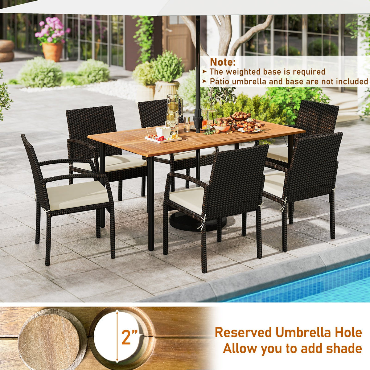 7 Pieces Outdoor Dining Set Acacia Wood Table with Umbrella Hole and Cushions-White view 9