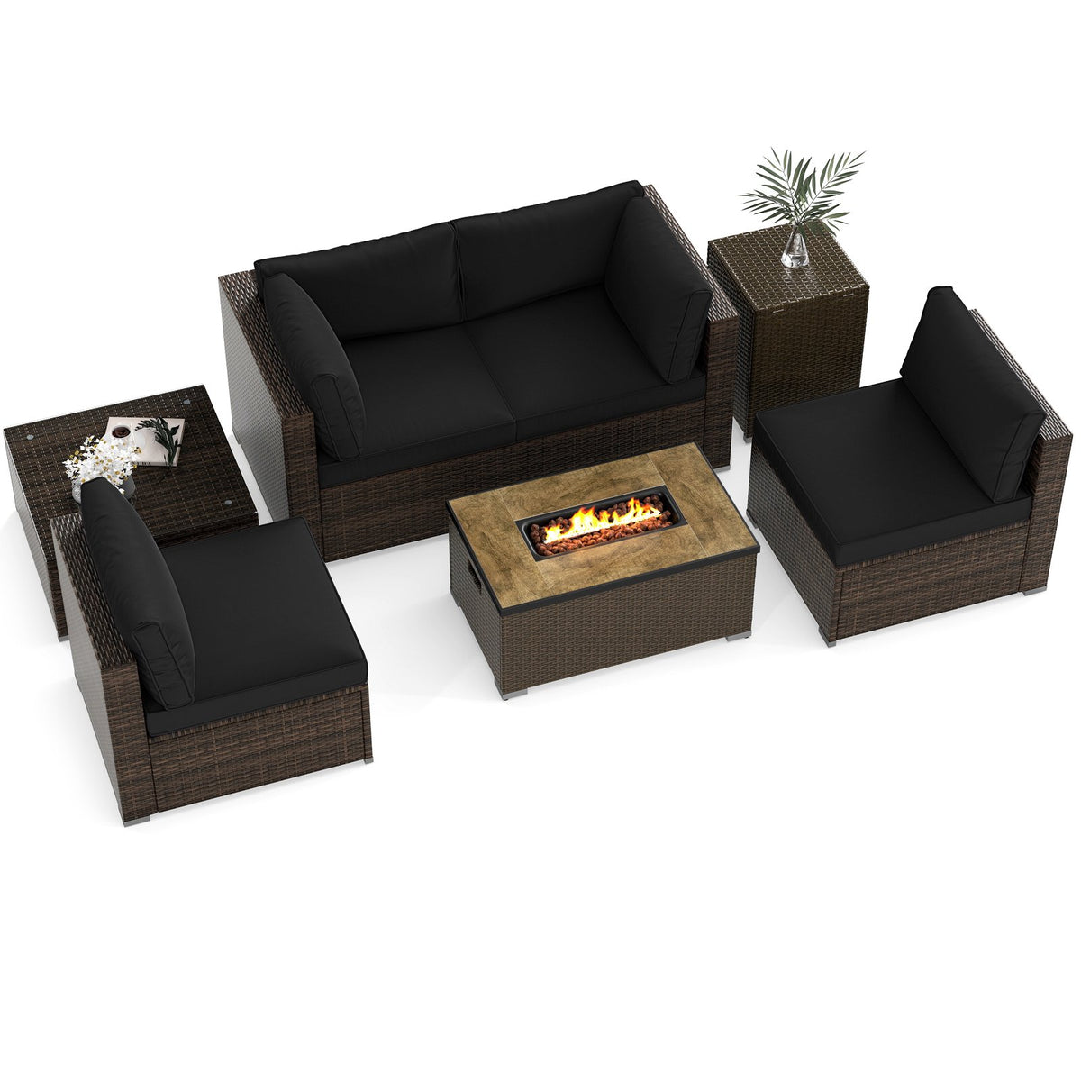 7 Pieces Outdoor Furniture Set with 32 Inch Fire Pit Table and Propane Tank Cover-Black