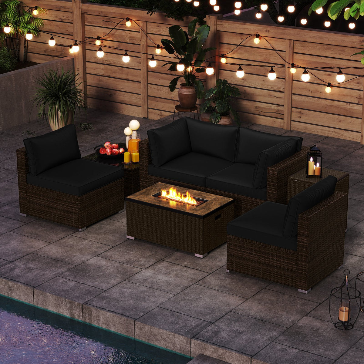 7 Pieces Outdoor Furniture Set with 32 Inch Fire Pit Table and Propane Tank Cover-Black view 3