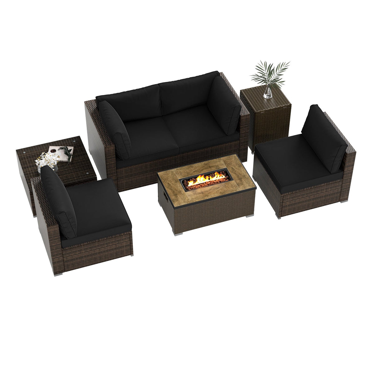 7 Pieces Outdoor Furniture Set with 32 Inch Fire Pit Table and Propane Tank Cover-Black view 4