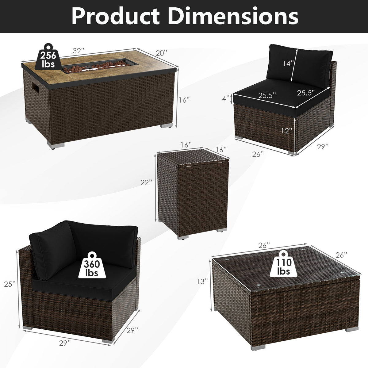 7 Pieces Outdoor Furniture Set with 32 Inch Fire Pit Table and Propane Tank Cover-Black view 5