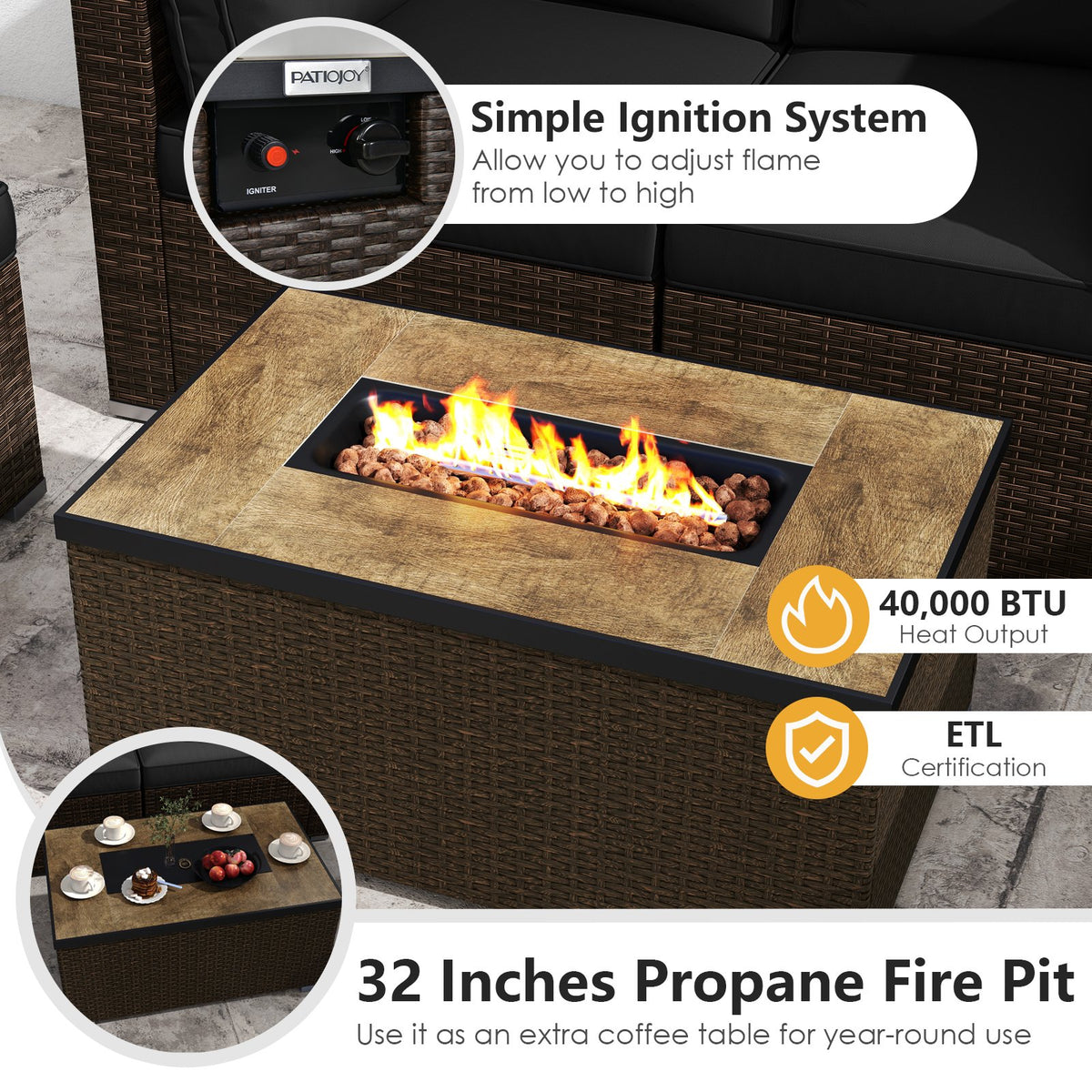 7 Pieces Outdoor Furniture Set with 32 Inch Fire Pit Table and Propane Tank Cover-Black view 6