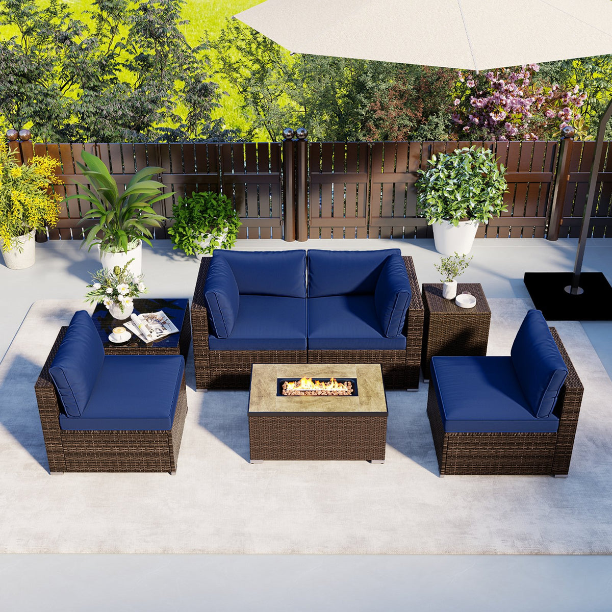 7 Pieces Outdoor Furniture Set with 32 Inch Fire Pit Table and Propane Tank Cover-Navy view 2