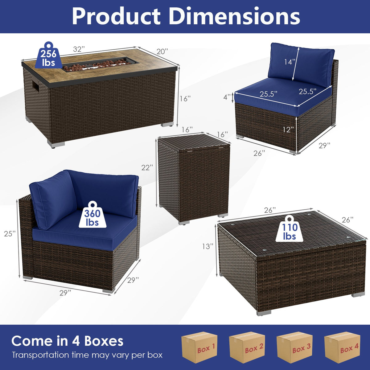 7 Pieces Outdoor Furniture Set with 32 Inch Fire Pit Table and Propane Tank Cover-Navy view 4
