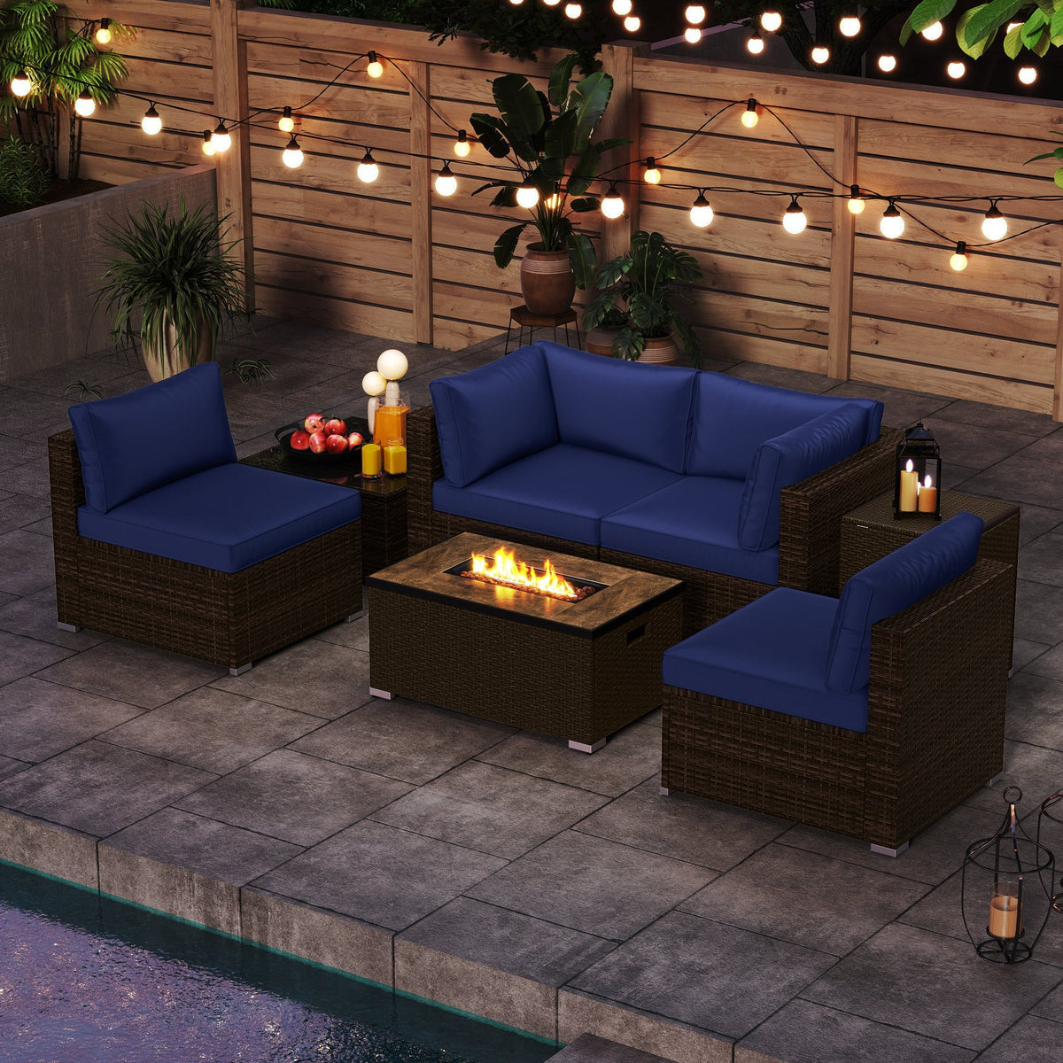 7 Pieces Outdoor Furniture Set with 32 Inch Fire Pit Table and Propane Tank Cover-Navy view 5