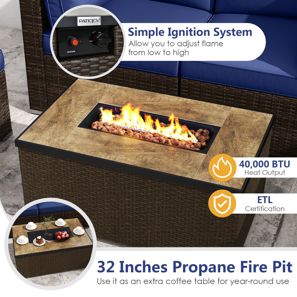 7 Pieces Outdoor Furniture Set with 32 Inch Fire Pit Table and Propane Tank Cover-Navy view 6