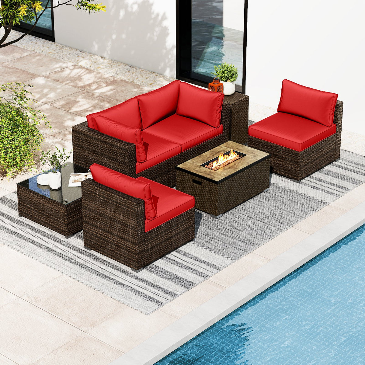 7 Pieces Outdoor Furniture Set with 32 Inch Fire Pit Table and Propane Tank Cover-Red view 2