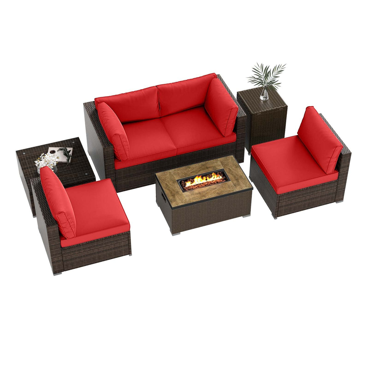 7 Pieces Outdoor Furniture Set with 32 Inch Fire Pit Table and Propane Tank Cover-Red view 4