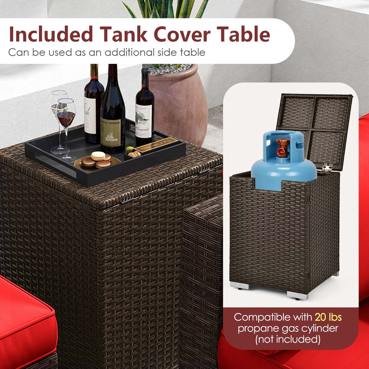 7 Pieces Outdoor Furniture Set with 32 Inch Fire Pit Table and Propane Tank Cover-Red view 7