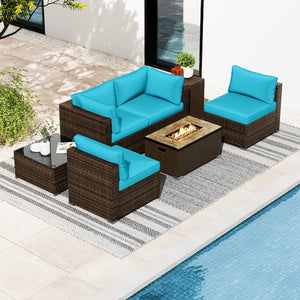 7 Pieces Outdoor Furniture Set with 32 Inch Fire Pit Table and Propane Tank Cover-Turquoise view 2