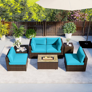 7 Pieces Outdoor Furniture Set with 32 Inch Fire Pit Table and Propane Tank Cover-Turquoise view 3