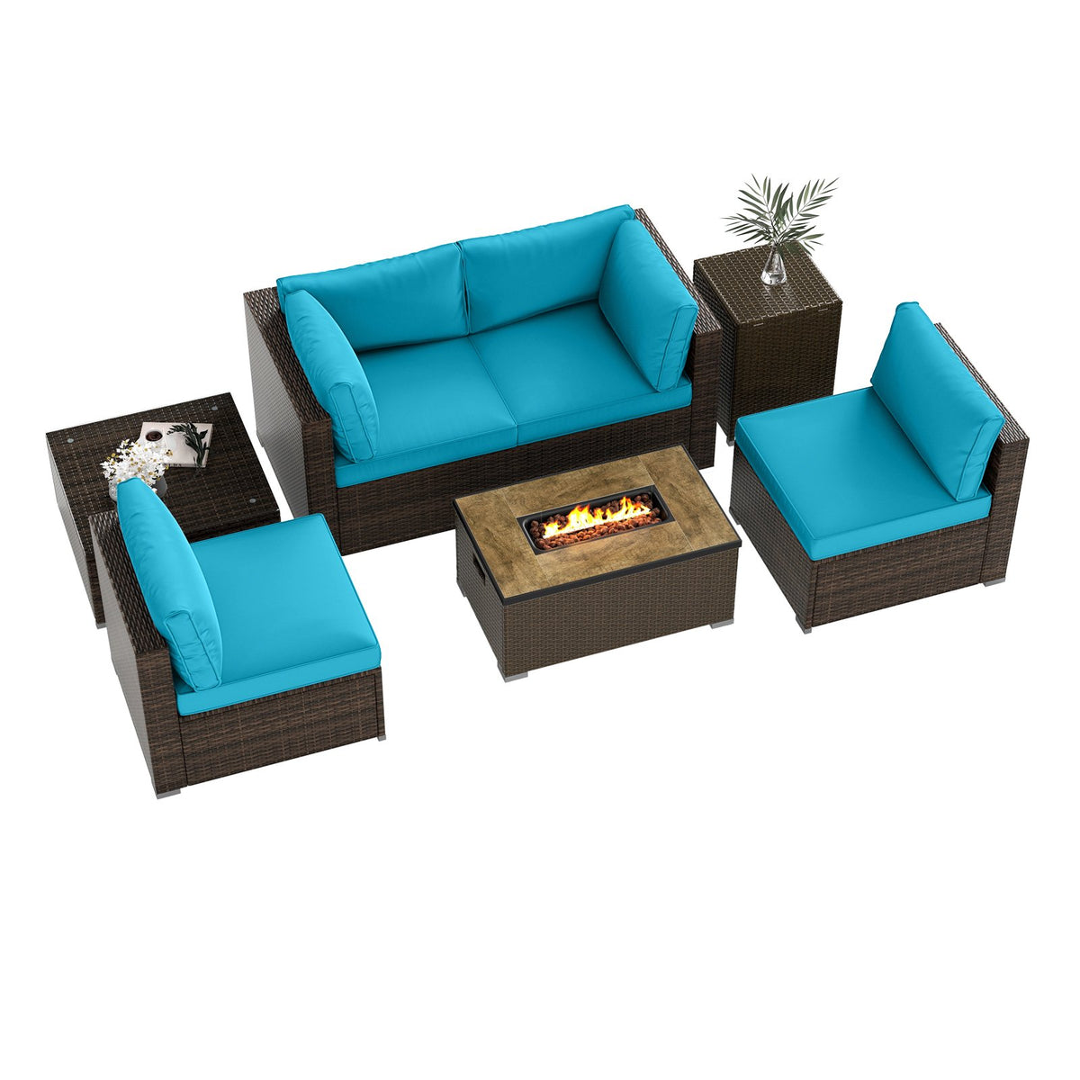 7 Pieces Outdoor Furniture Set with 32 Inch Fire Pit Table and Propane Tank Cover-Turquoise view 4