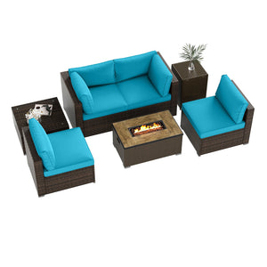 7 Pieces Outdoor Furniture Set with 32 Inch Fire Pit Table and Propane Tank Cover-Turquoise view 4