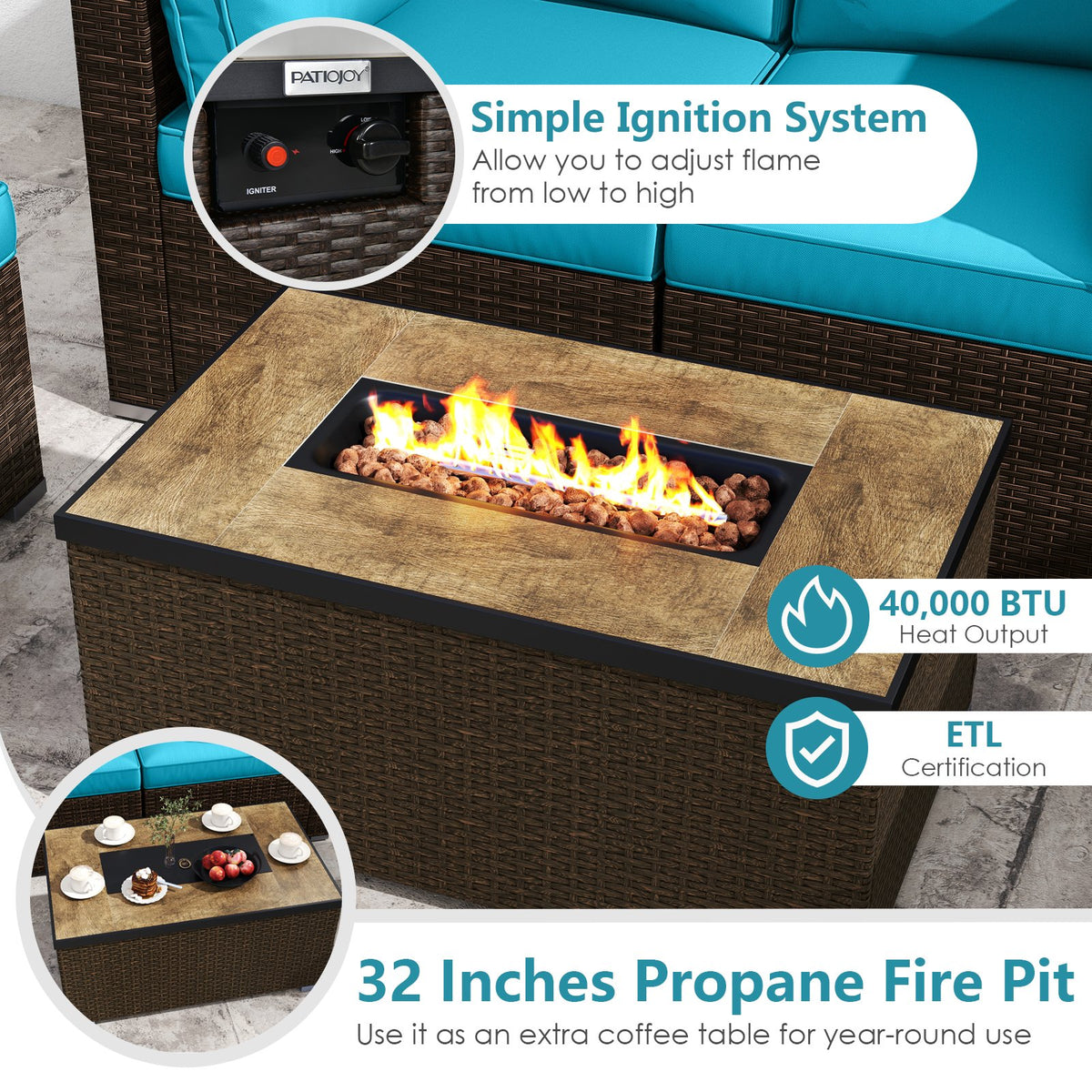 7 Pieces Outdoor Furniture Set with 32 Inch Fire Pit Table and Propane Tank Cover-Turquoise view 6