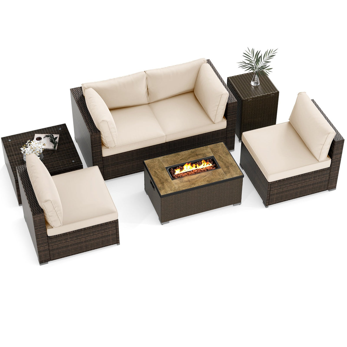 7 Pieces Outdoor Furniture Set with 32 Inch Fire Pit Table and Propane Tank Cover-White