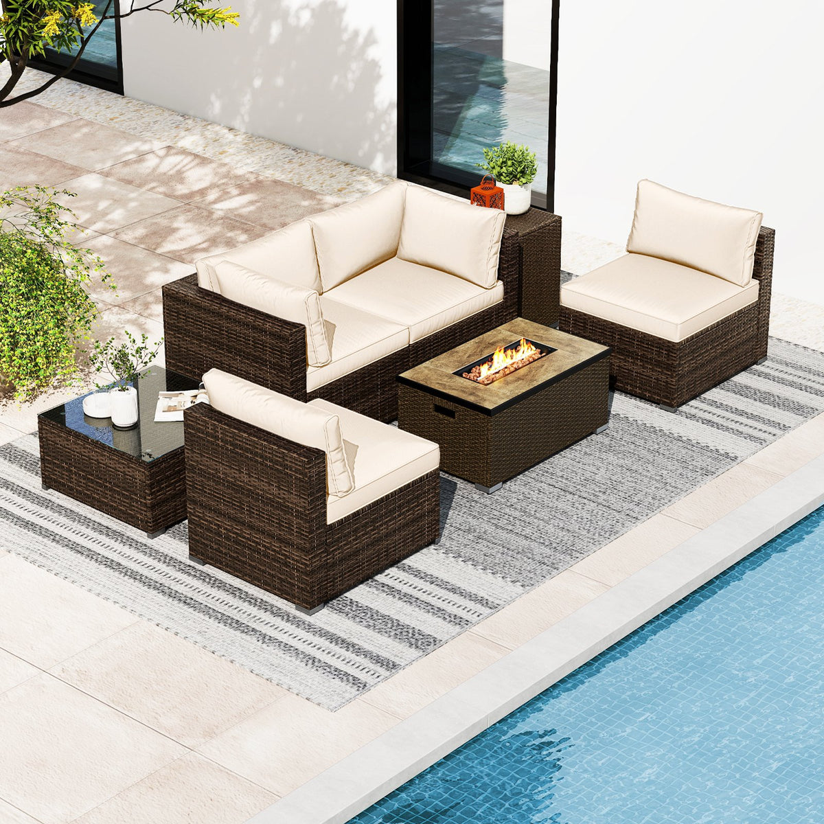 7 Pieces Outdoor Furniture Set with 32 Inch Fire Pit Table and Propane Tank Cover-White view 2