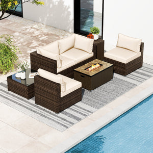7 Pieces Outdoor Furniture Set with 32 Inch Fire Pit Table and Propane Tank Cover-White view 2