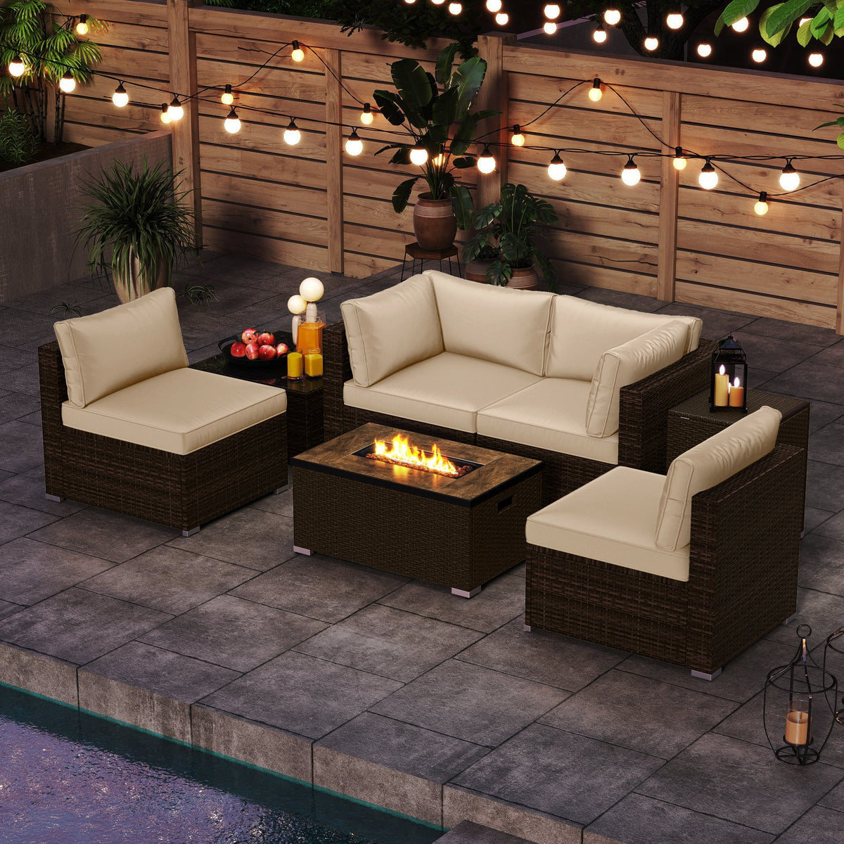 7 Pieces Outdoor Furniture Set with 32 Inch Fire Pit Table and Propane Tank Cover-White view 3
