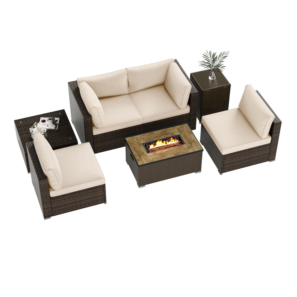 7 Pieces Outdoor Furniture Set with 32 Inch Fire Pit Table and Propane Tank Cover-White view 4