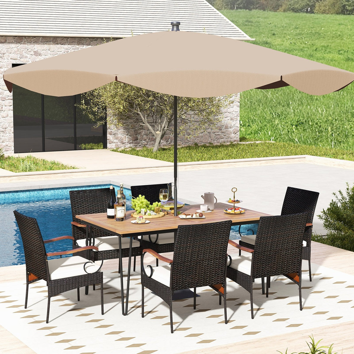 7 Pieces Patio Dining Set with Rattan Armchairs Soft Cushions 2 inches Umbrella Hole view 2
