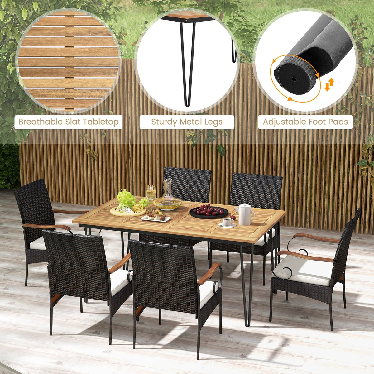 7 Pieces Patio Dining Set with Rattan Armchairs Soft Cushions 2 inches Umbrella Hole view 7
