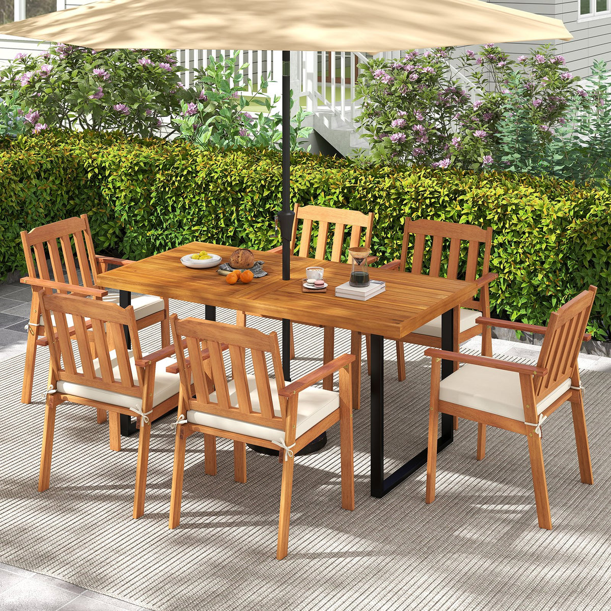 7 Pieces Patio Dining Table Set 63” Rectangle Table and 6 Acacia Wood Armchairs view 3