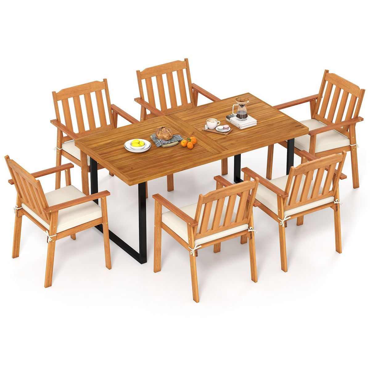7 Pieces Patio Dining Table Set 63” Rectangle Table and 6 Acacia Wood Armchairs view 4