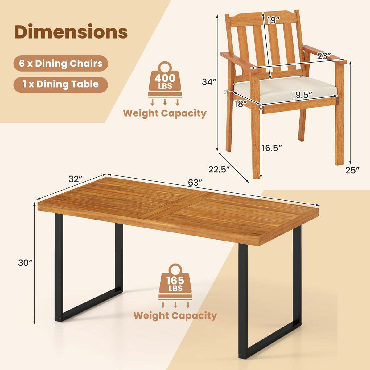 7 Pieces Patio Dining Table Set 63” Rectangle Table and 6 Acacia Wood Armchairs view 5