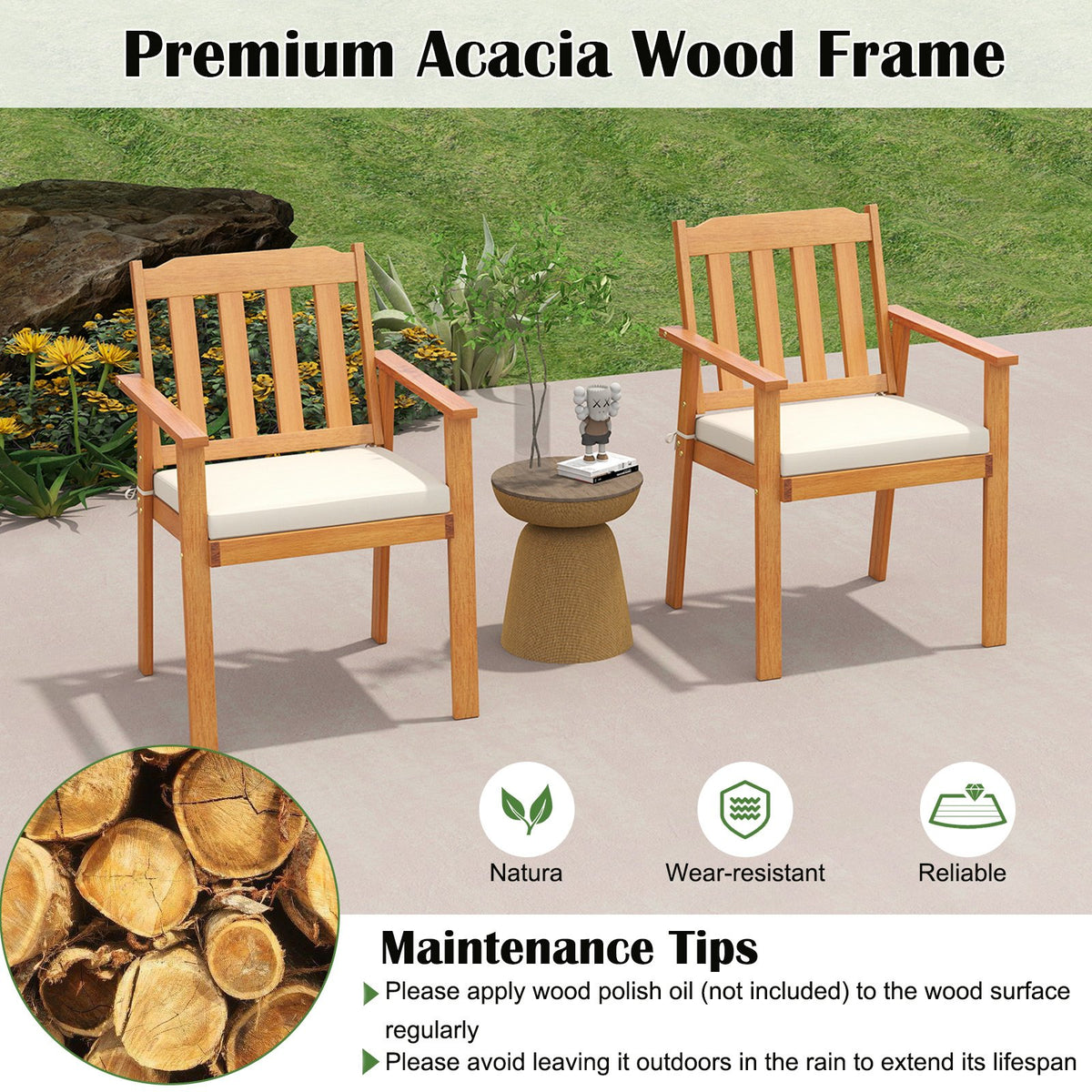 7 Pieces Patio Dining Table Set 63” Rectangle Table and 6 Acacia Wood Armchairs view 7