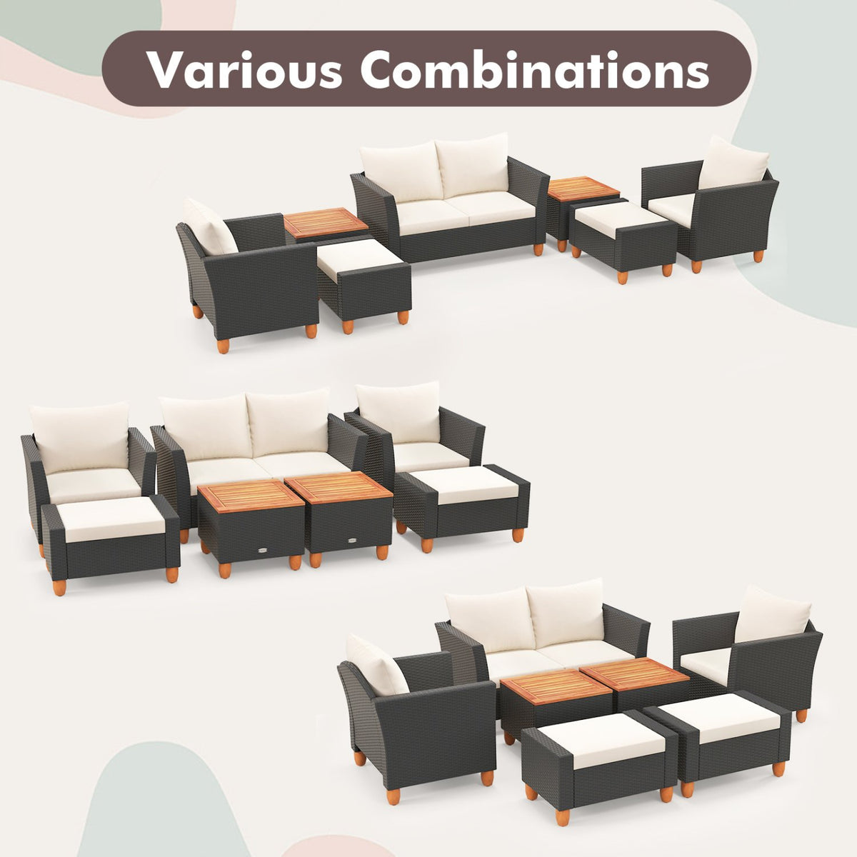 7 Pieces Patio Furniture PE Rattan Sectional Sofa Set with Armchairs and Table-white view 3