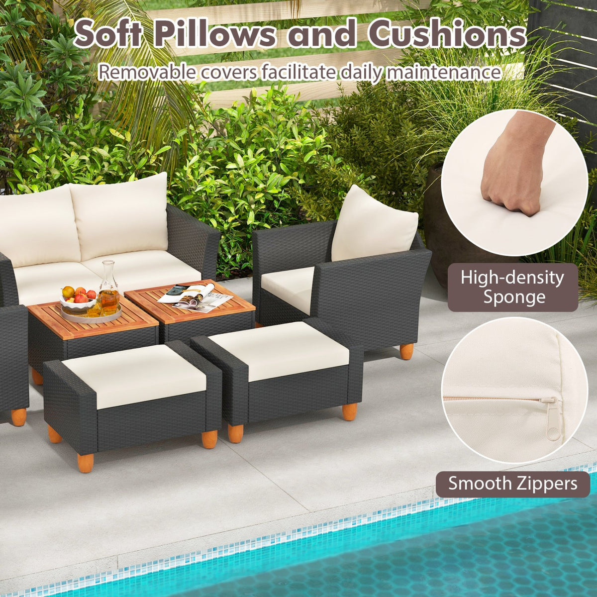 7 Pieces Patio Furniture PE Rattan Sectional Sofa Set with Armchairs and Table-white view 9