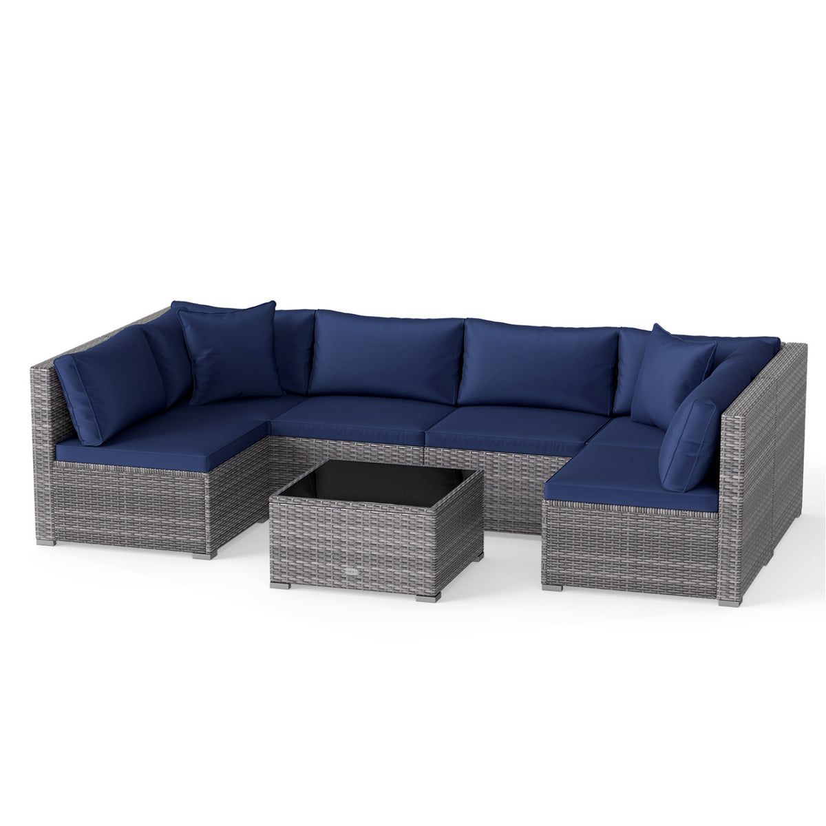 7 Pieces Patio Furniture Set PE Rattan Sectional Sofas with Tempered Glass Coffee Table-Navy