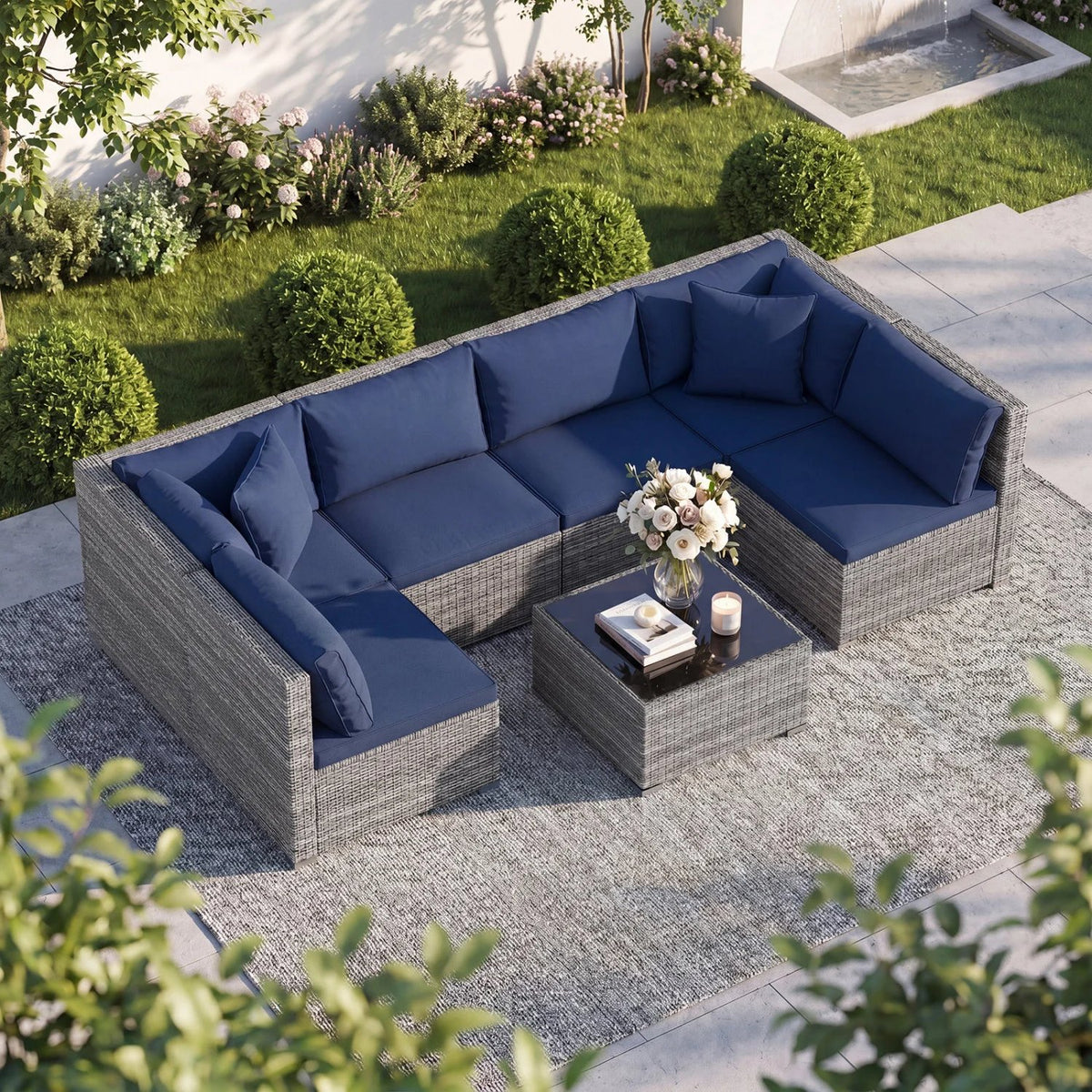 7 Pieces Patio Furniture Set PE Rattan Sectional Sofas with Tempered Glass Coffee Table-Navy view 2