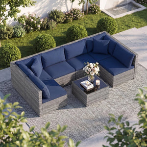 7 Pieces Patio Furniture Set PE Rattan Sectional Sofas with Tempered Glass Coffee Table-Navy view 2