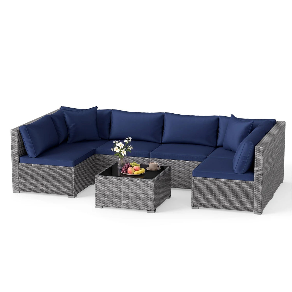 7 Pieces Patio Furniture Set PE Rattan Sectional Sofas with Tempered Glass Coffee Table-Navy view 4