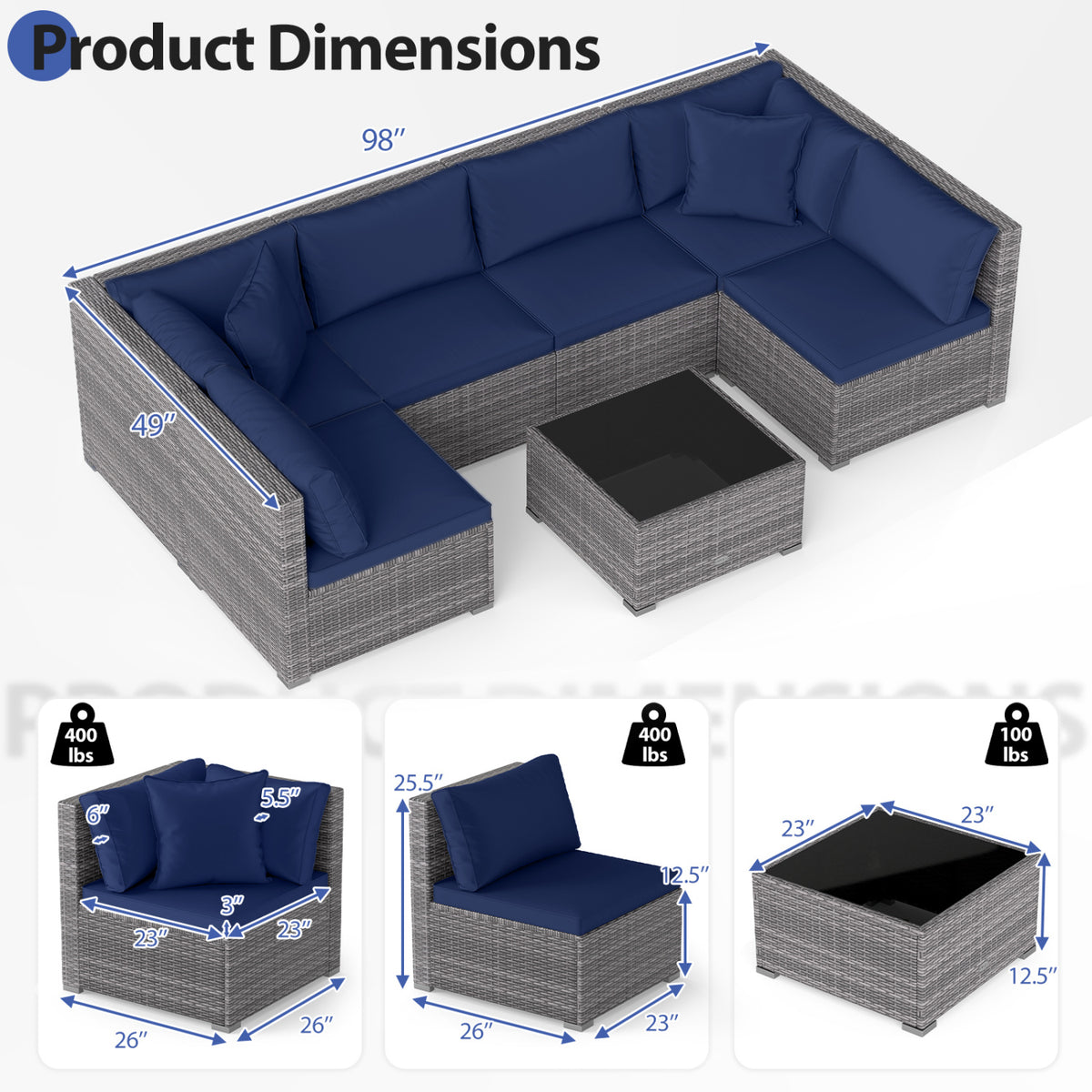 7 Pieces Patio Furniture Set PE Rattan Sectional Sofas with Tempered Glass Coffee Table-Navy view 5