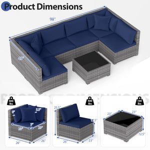 7 Pieces Patio Furniture Set PE Rattan Sectional Sofas with Tempered Glass Coffee Table-Navy view 5