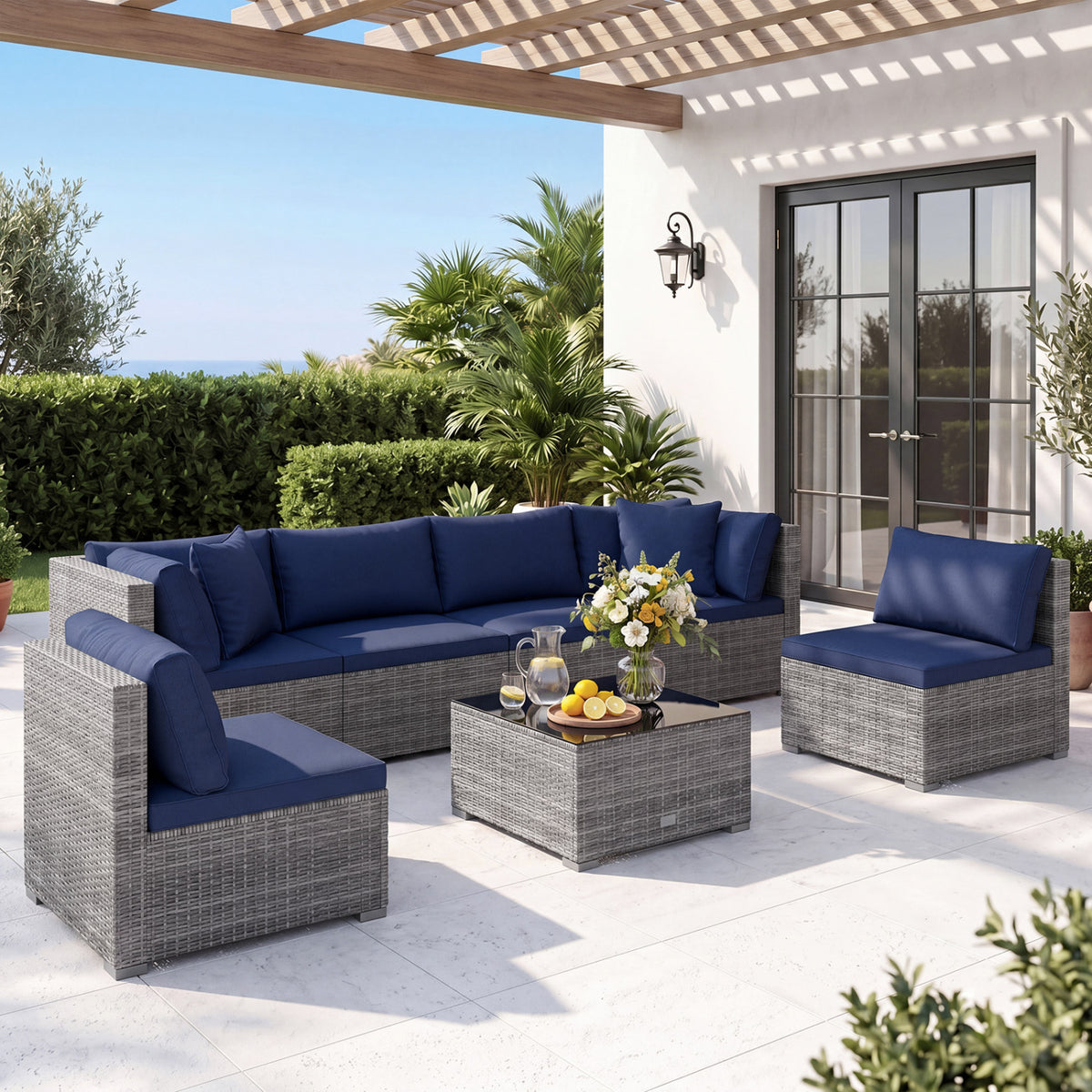 7 Pieces Patio Furniture Set PE Rattan Sectional Sofas with Tempered Glass Coffee Table-Navy view 6