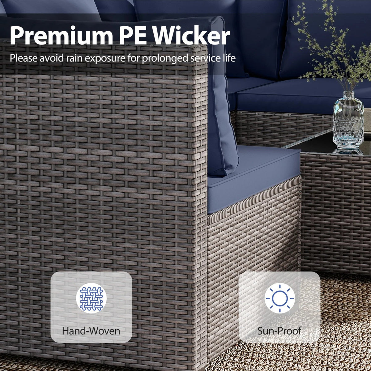 7 Pieces Patio Furniture Set PE Rattan Sectional Sofas with Tempered Glass Coffee Table-Navy view 7