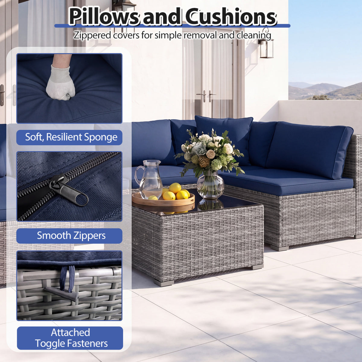 7 Pieces Patio Furniture Set PE Rattan Sectional Sofas with Tempered Glass Coffee Table-Navy view 8