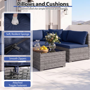 7 Pieces Patio Furniture Set PE Rattan Sectional Sofas with Tempered Glass Coffee Table-Navy view 8
