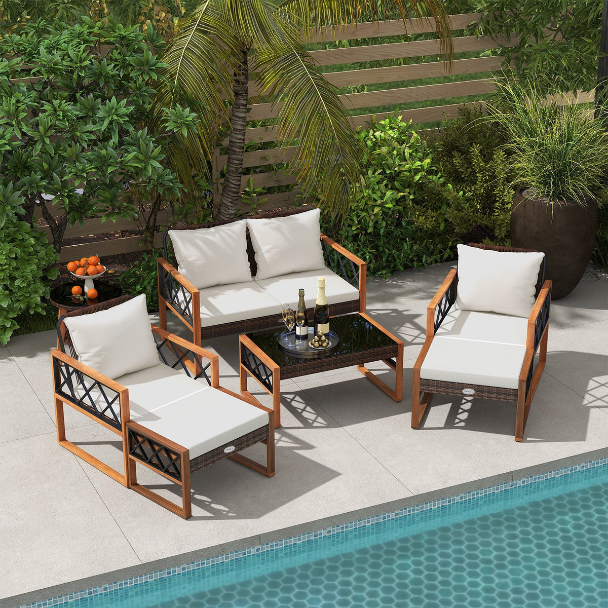 7 Pieces Patio Furniture Set PE Wicker Acacia Wood Outdoor Conversation Set view 2