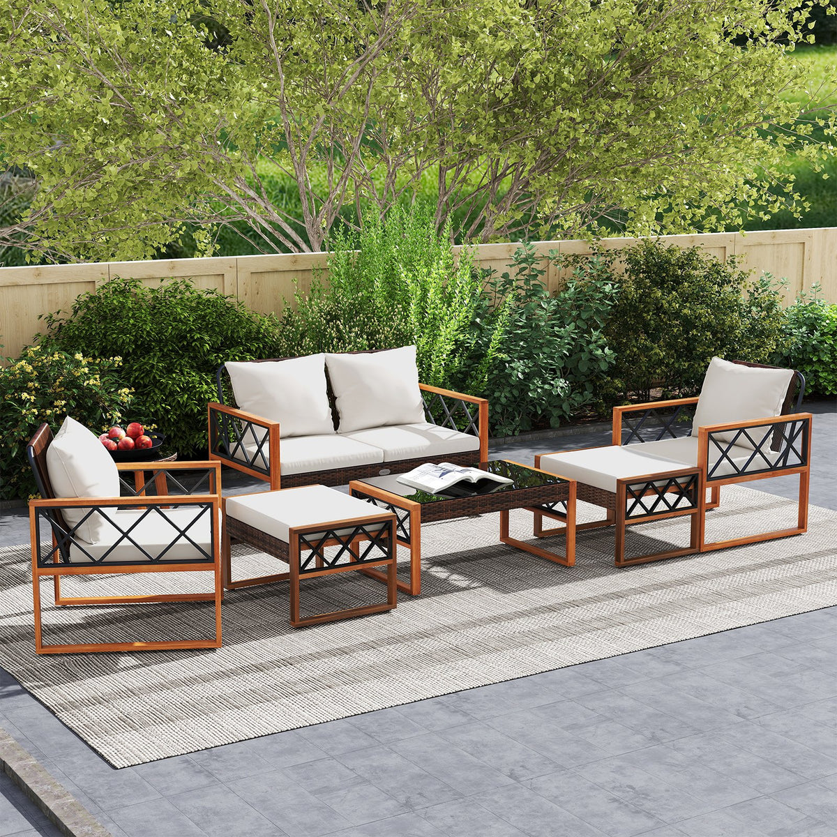 7 Pieces Patio Furniture Set PE Wicker Acacia Wood Outdoor Conversation Set view 3
