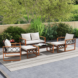 7 Pieces Patio Furniture Set PE Wicker Acacia Wood Outdoor Conversation Set view 3