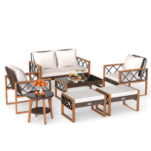 7 Pieces Patio Furniture Set PE Wicker Acacia Wood Outdoor Conversation Set view 4