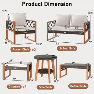 7 Pieces Patio Furniture Set PE Wicker Acacia Wood Outdoor Conversation Set view 5