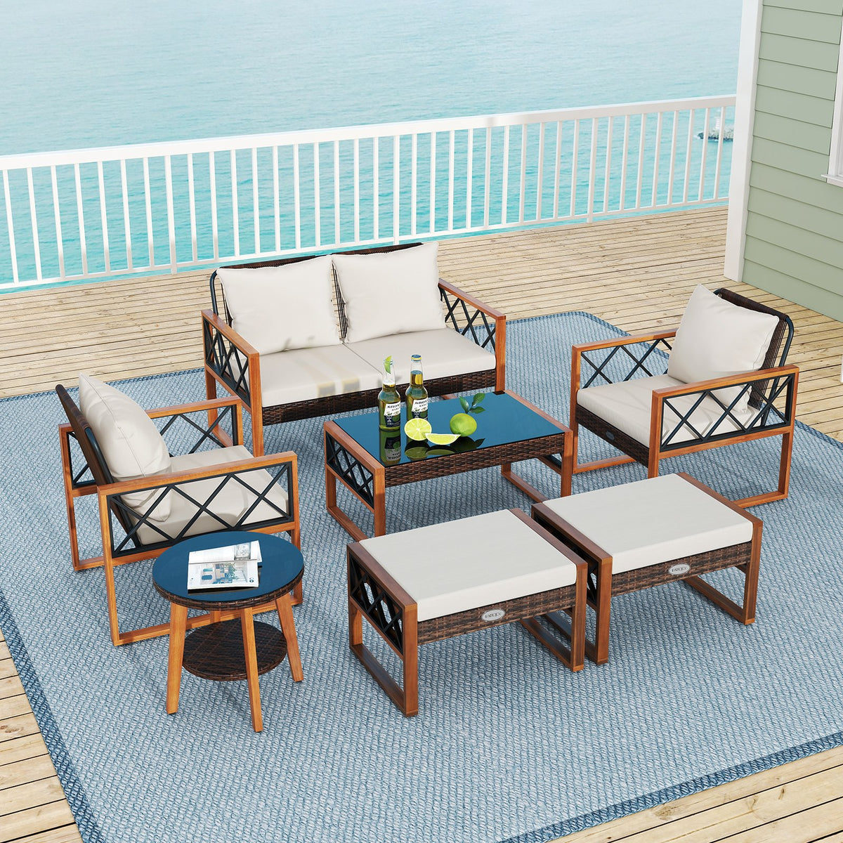 7 Pieces Patio Furniture Set PE Wicker Acacia Wood Outdoor Conversation Set view 6